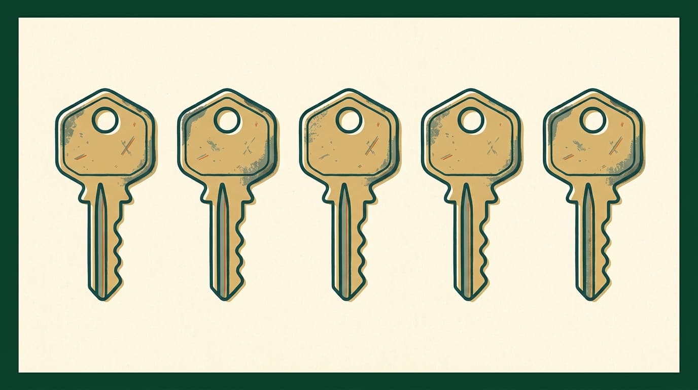 A row of identical factory-stamped brass keys with scratched finishes and tarnished edges.
