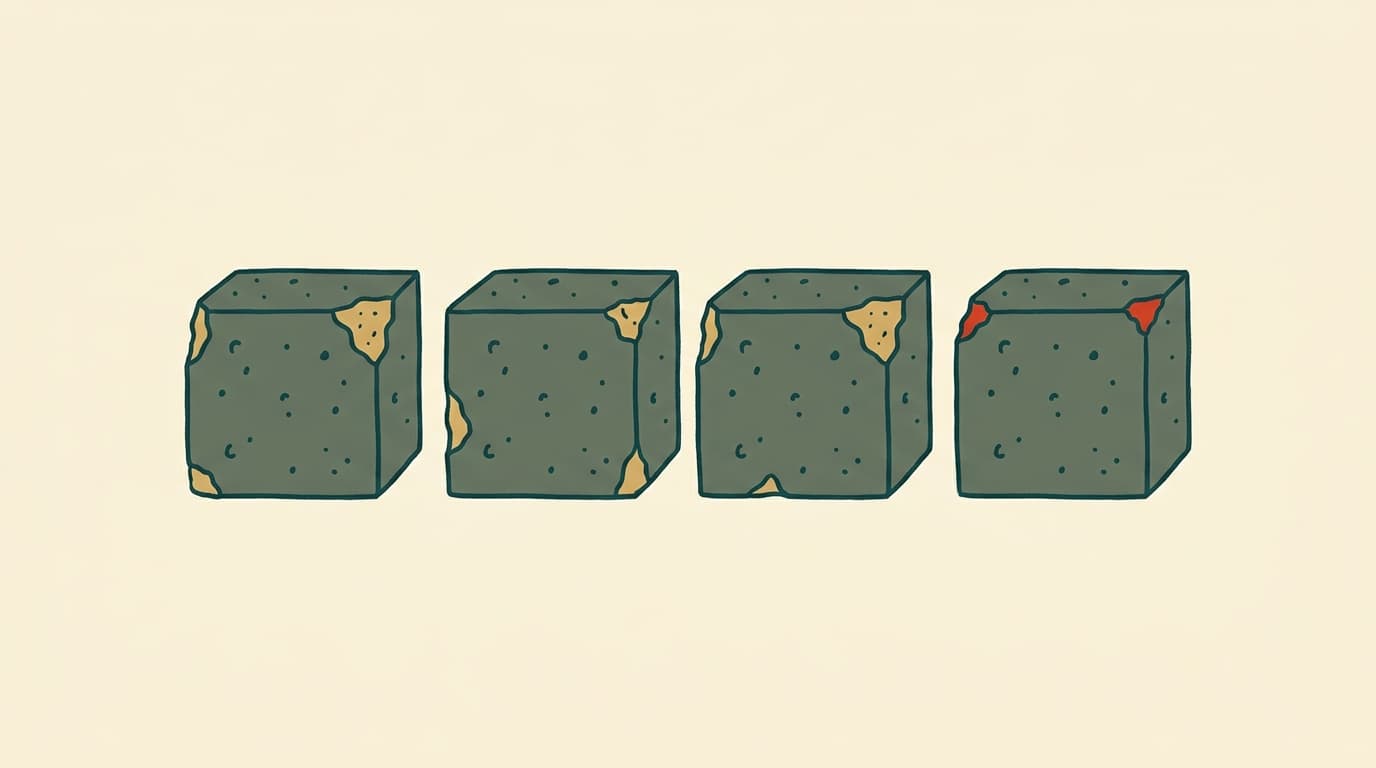 A row of identical concrete blocks with chipped corners and rough, porous surfaces
