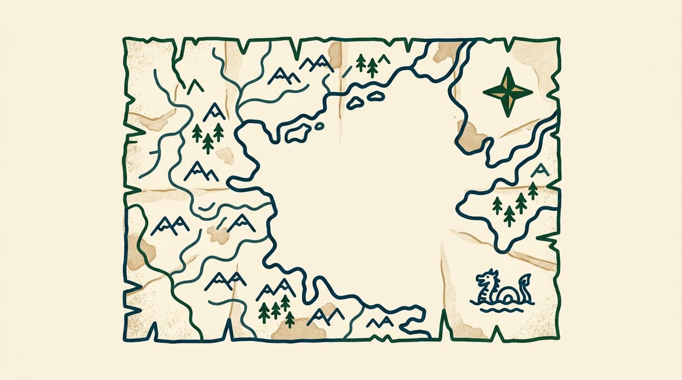An antique paper map with frayed edges, tea-stained creases, and a blank, uninked territory.