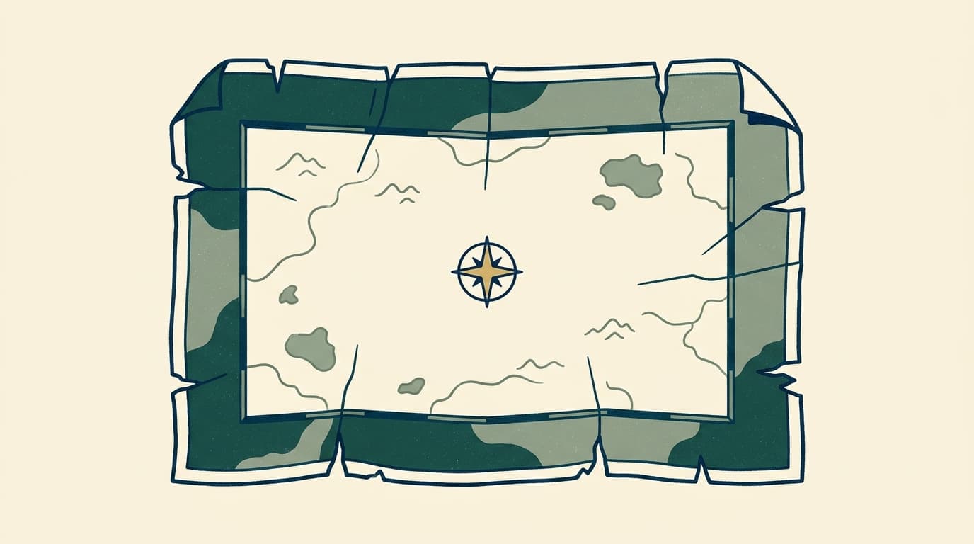 A creased paper map with torn edges and an unmarked, blank territory