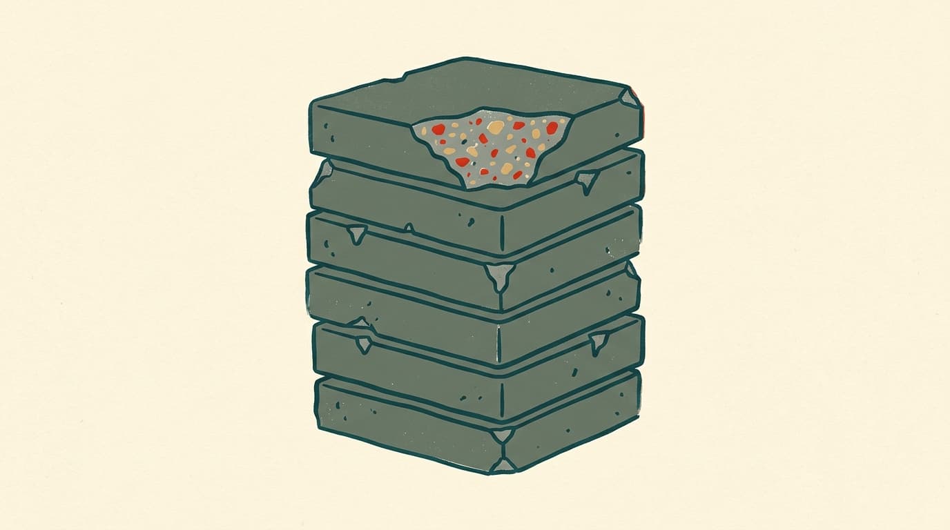 A stack of identical grey concrete pavers with chipped corners, one showing polished terrazzo.