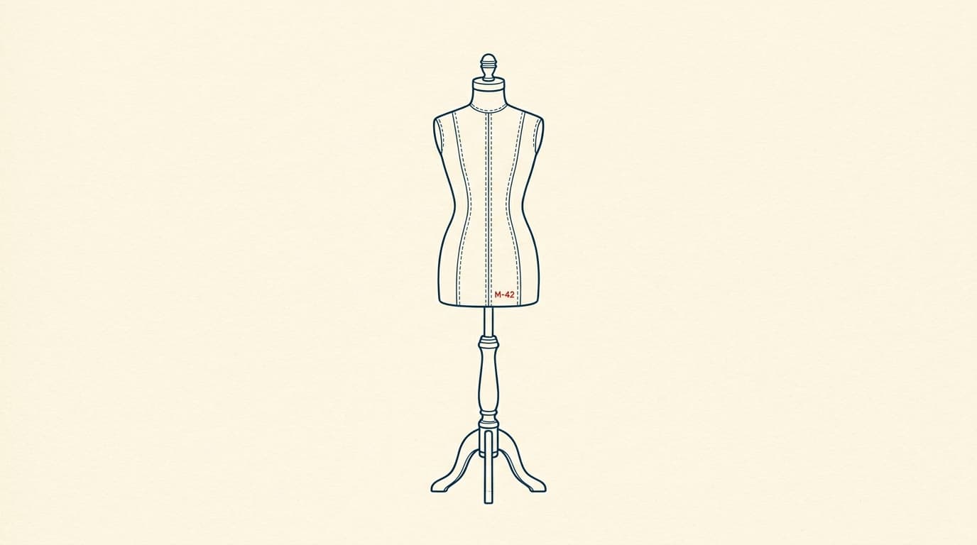 Illustration of a wooden dressmaker mannequin with stitched linen panels and a brass neck cap