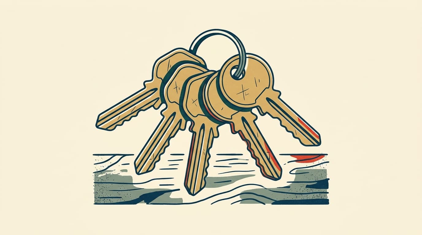 A ring of identical brass keys with uncut ridges and faint surface scratches in the metal in a heap on a wooden surface with a rough grain and dusty corners,