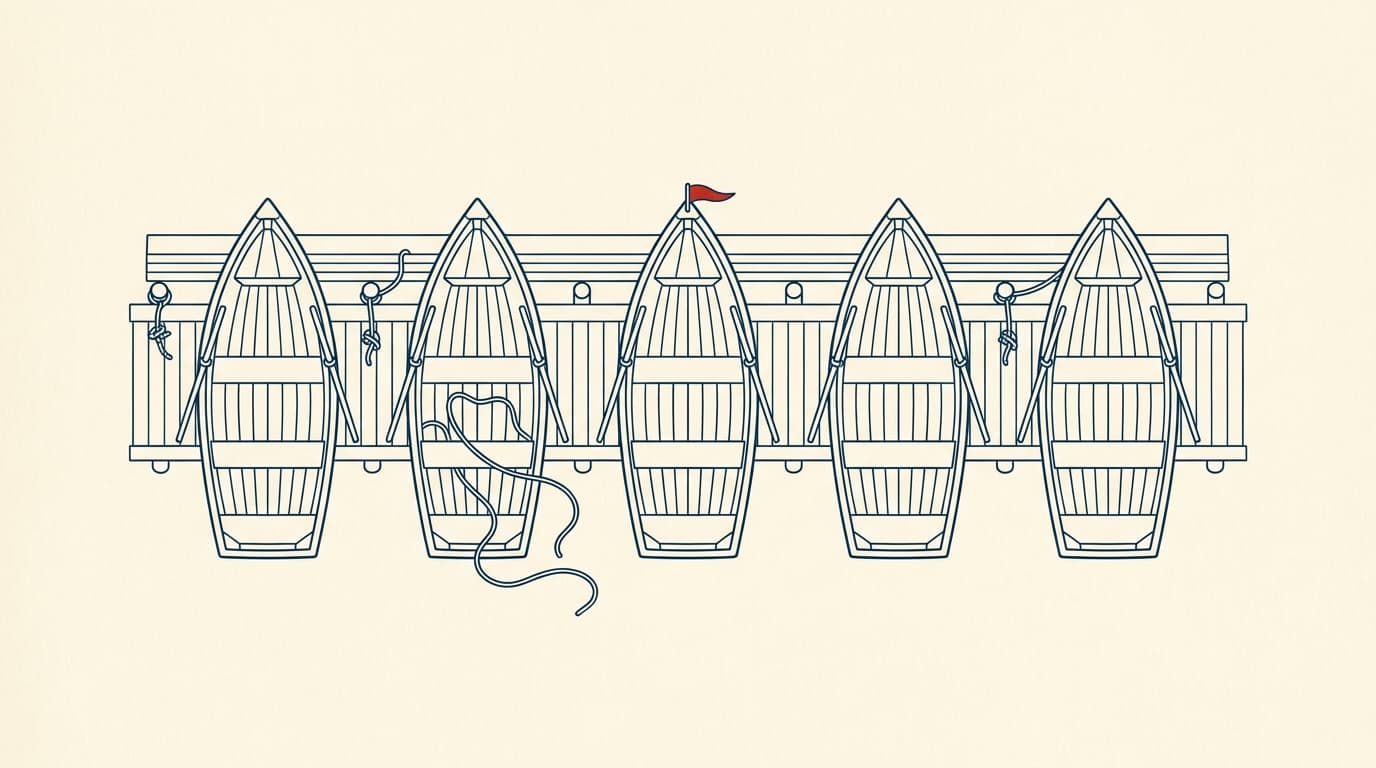 A row of matching wooden rowboats tied along a dock, with one boat's rope worked loose from its cleat.