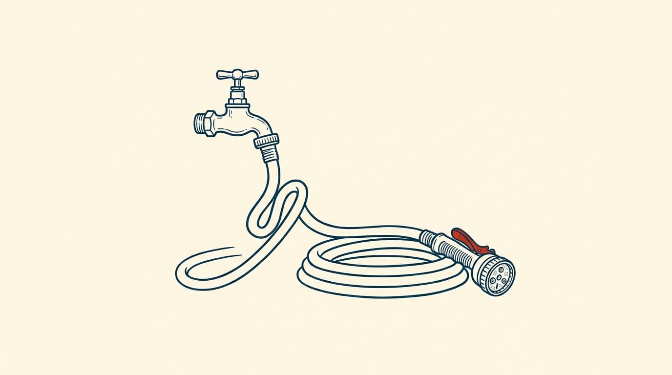 A green garden hose kinked near a brass tap, its coils ending in a dry nozzle.